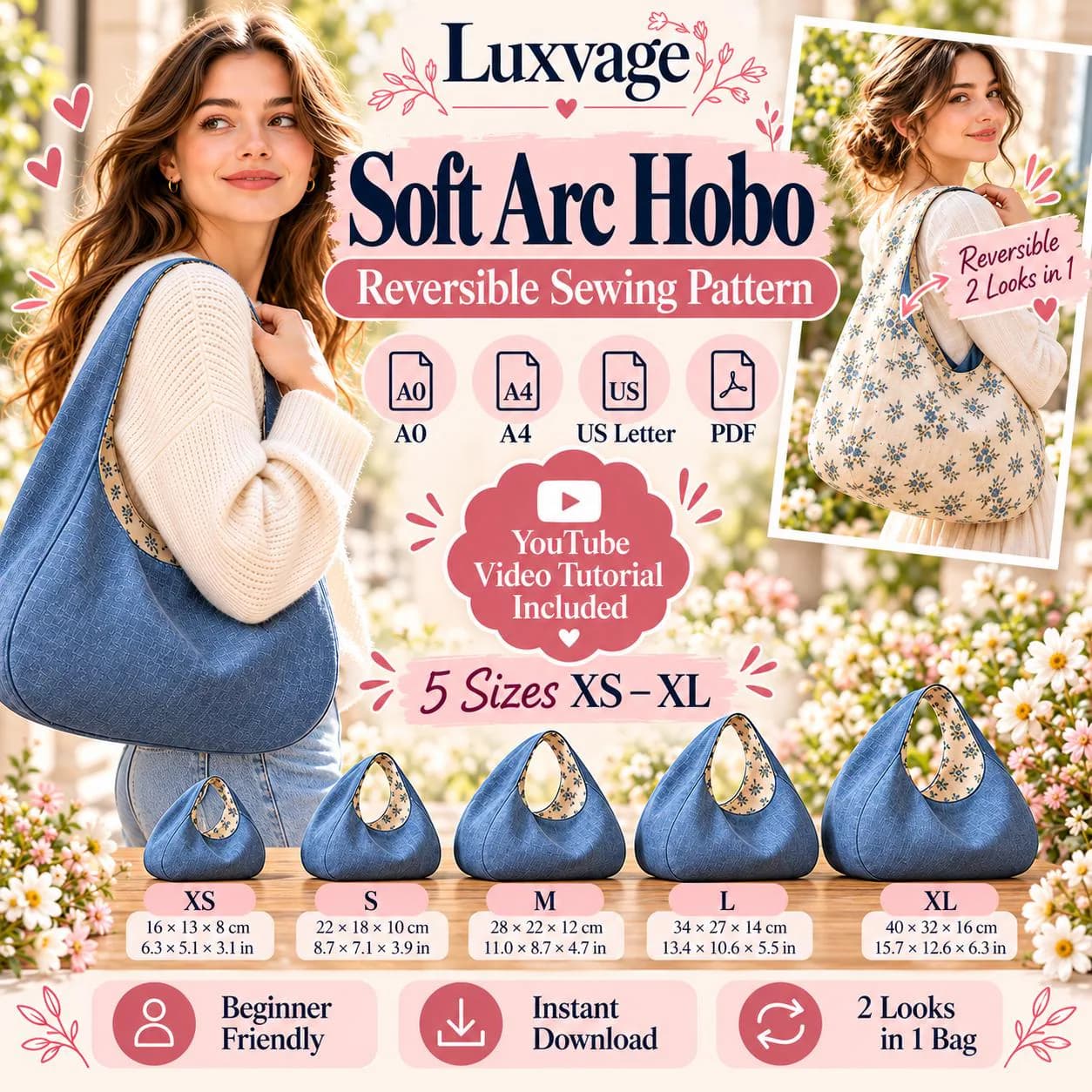 Soft Arc Hobo Bag Sewing Pattern PDF, Reversible Shoulder Bag, 5 Sizes