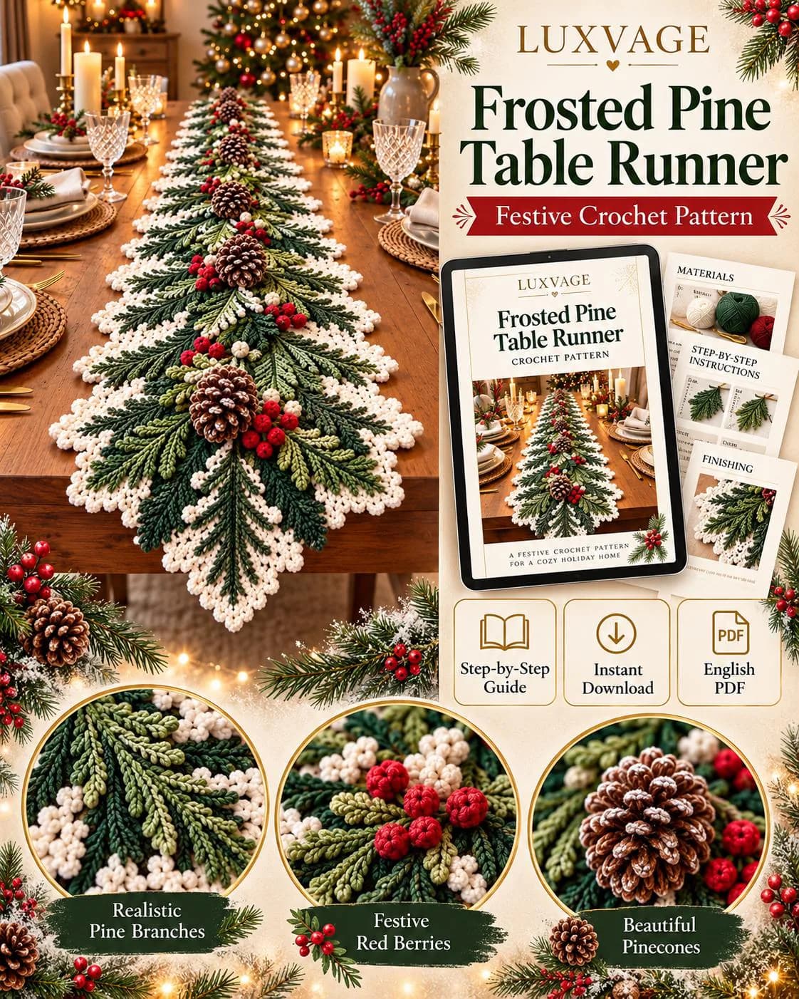 Christmas Table Runner Crochet Pattern PDF, Frosted Pine Holiday Table Décor, Winter Centerpiece, Digital Download - photo 3