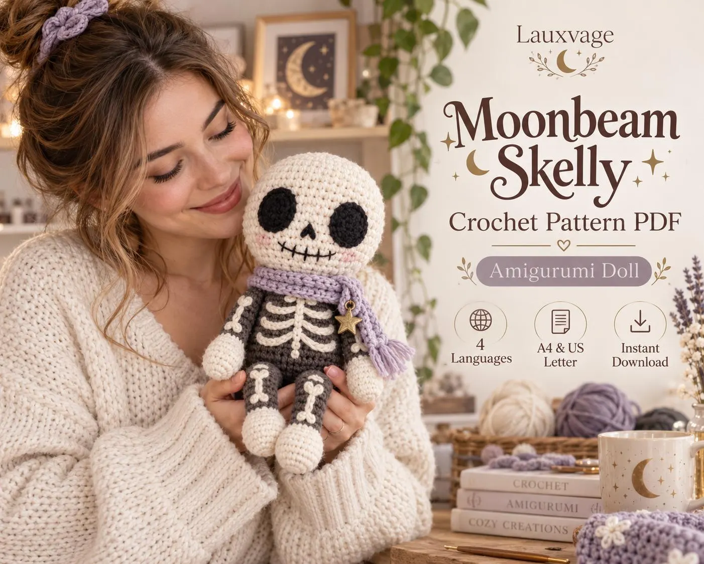 Moonbeam Skelly Amigurumi Crochet Pattern PDF, Spooky Skeleton Doll (4 Languages)