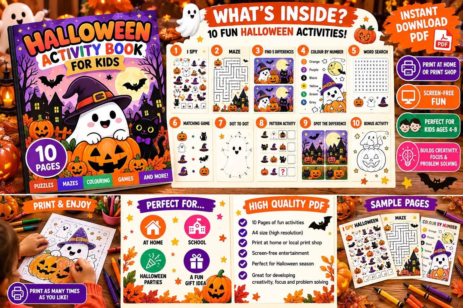 Halloween Activity Book for Kids, Printable PDF, Halloween Games, Puzzles & Colouring, Ages 4-8 - photo 3