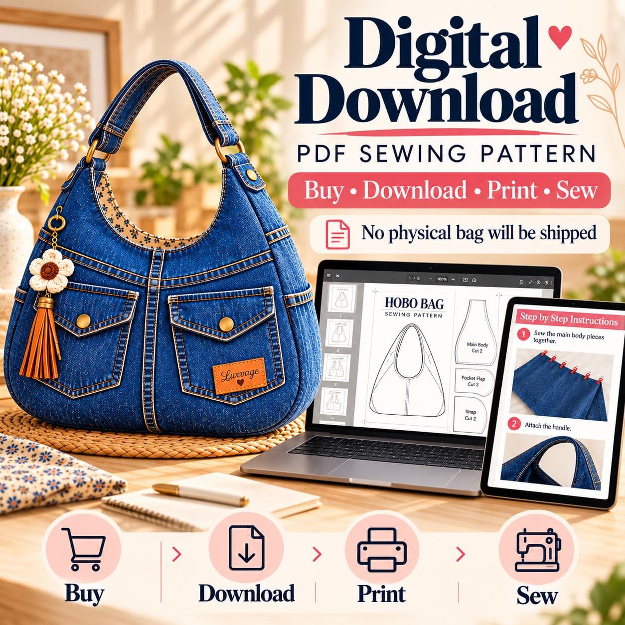 DIY Denim Hobo bag , Slouchy Shoulder Bag Sewing Pattern PDF 5 Size xs-xl-A0-A4 US Letter - photo 6