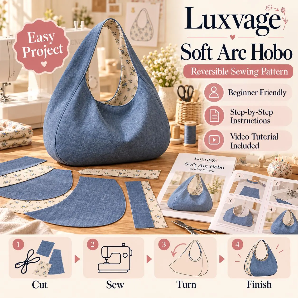 Soft Arc Hobo Bag Sewing Pattern PDF, Reversible Shoulder Bag, 5 Sizes - photo 9