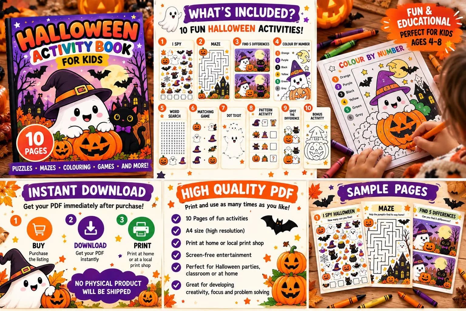 Halloween Activity Book for Kids, Printable PDF, Halloween Games, Puzzles & Colouring, Ages 4-8 - photo 2