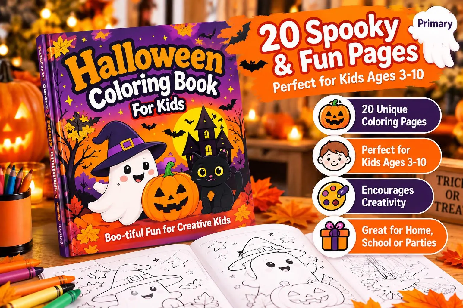 Halloween Colouring Book for Kids, 20 Spooky Pages with Ghosts, Pumpkins and Cats