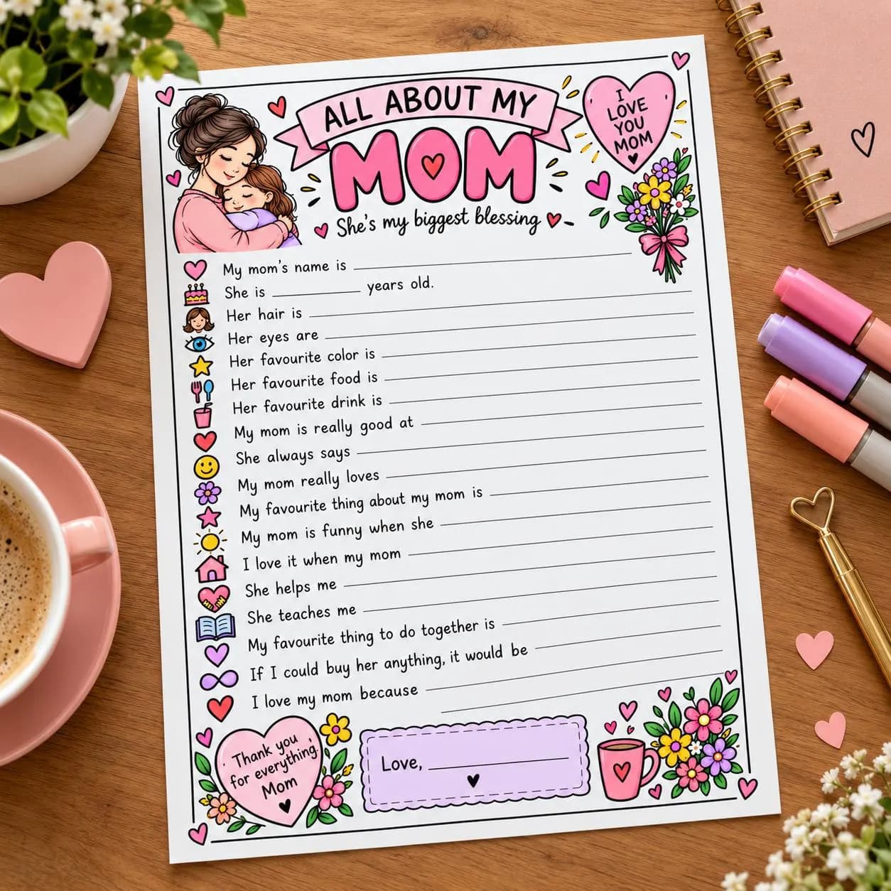 All About My Mom Printable. A4 Mother’s Day Worksheet for Kids