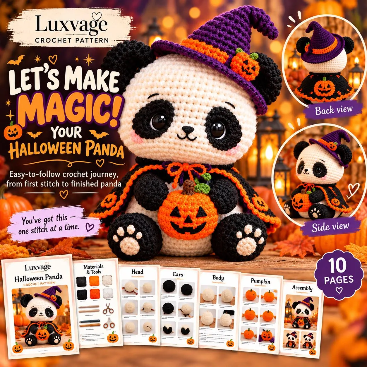 Halloween Witch Panda Crochet Pattern PDF, Amigurumi Panda with Pumpkin and Cape