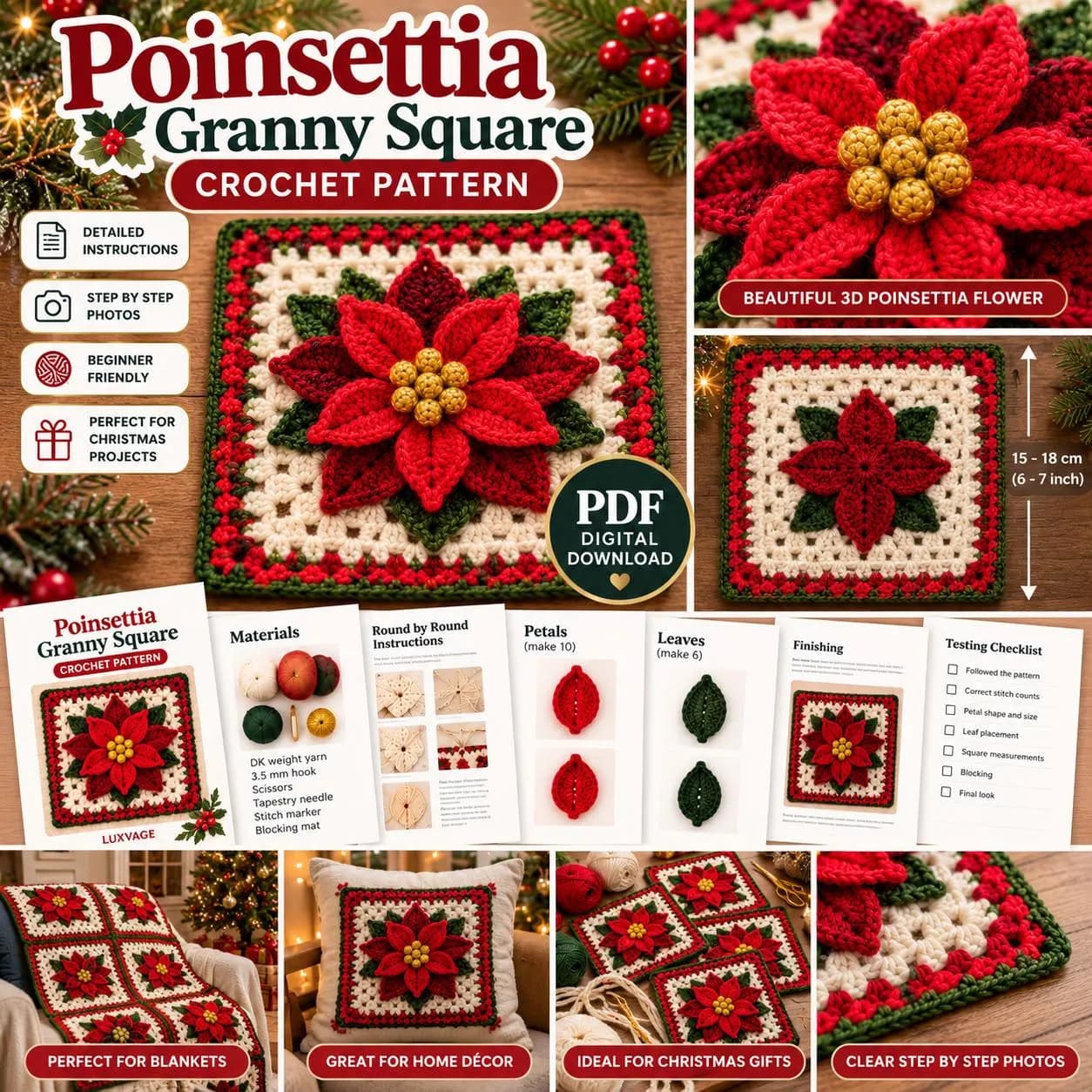 Poinsettia Granny Square Crochet Pattern, Christmas Floral Design (PDF) - photo 3